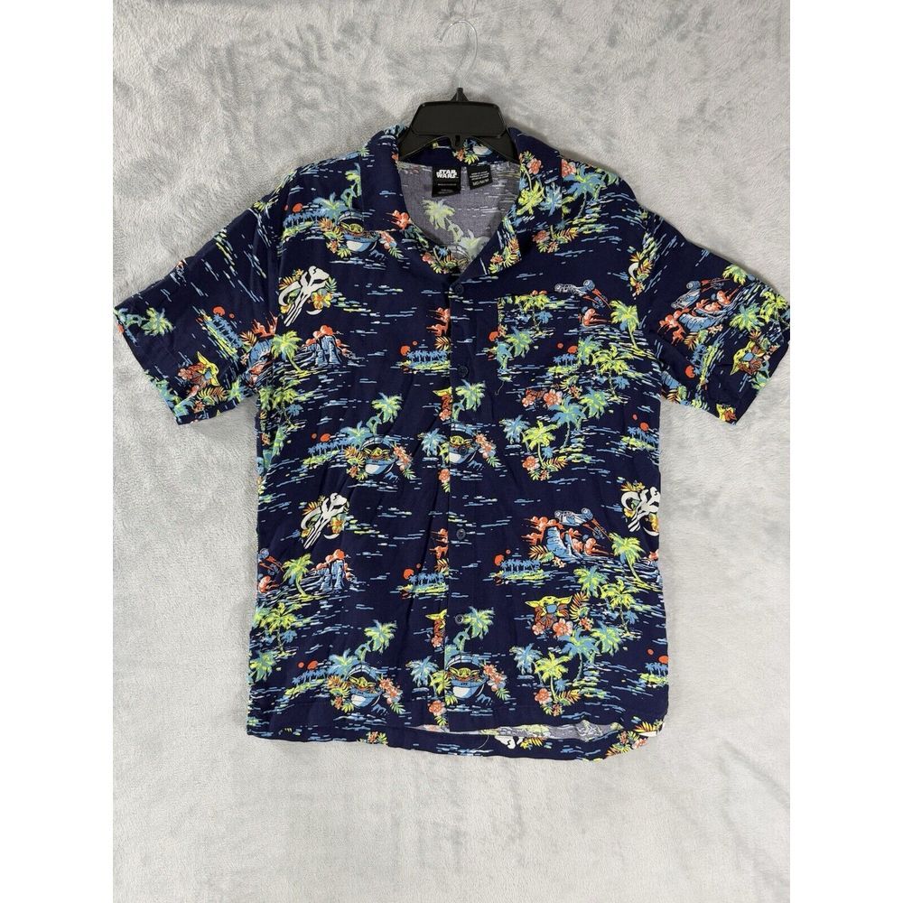 Star Wars Shirt Men's Medium Baby Yoda Grogu Hawaiian‎ Button Up Palm Trees